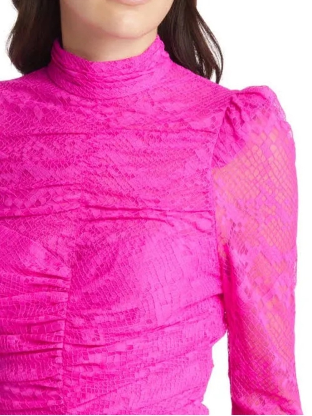 Saylor Marcey Fuchsia Pink Lace Ruffle Mock Neck Ruched Mini Dress Size Large - Picture 3 of 15